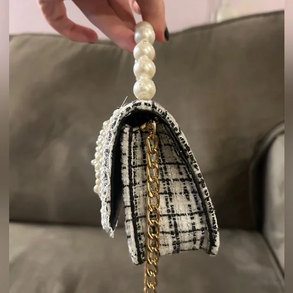 NEW Micro Mini Bag Navy Blue White Tweed Pearl Bow Pearl Top Handle Two-Way - Picture 10 of 12